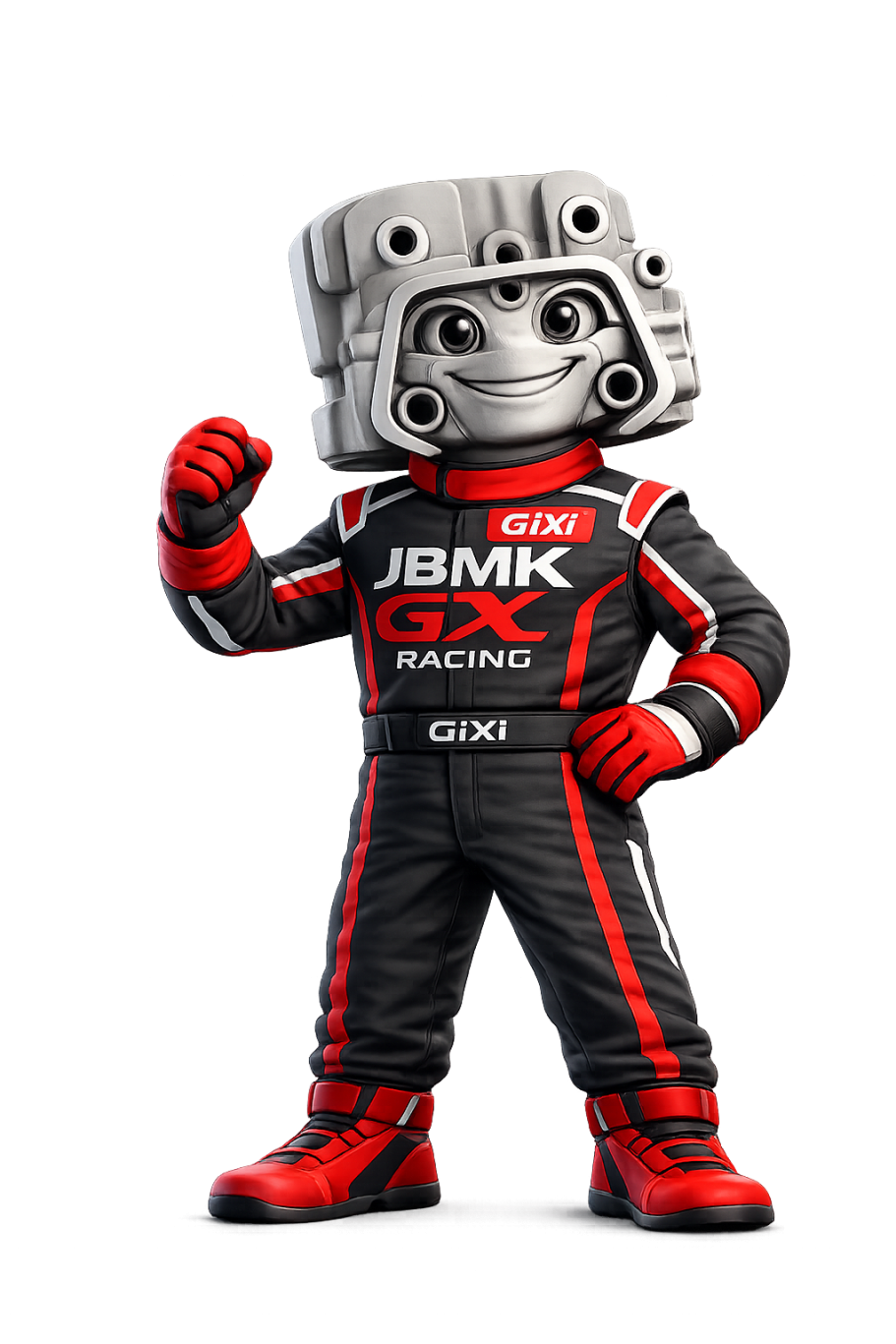 GiXi – Das Maskottchen von JBMK GX Racing | GX390 GiXi, das Maskottchen von JBMK GX Racing, in schwarz-roter Rennkombi mit GX390-Zylinderkopf als Kopf